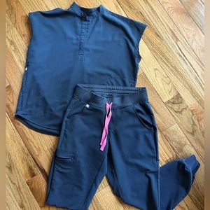 Zamora joggers XS petite, Rafaela scrubs top XS, quiet navy with pink drawstring